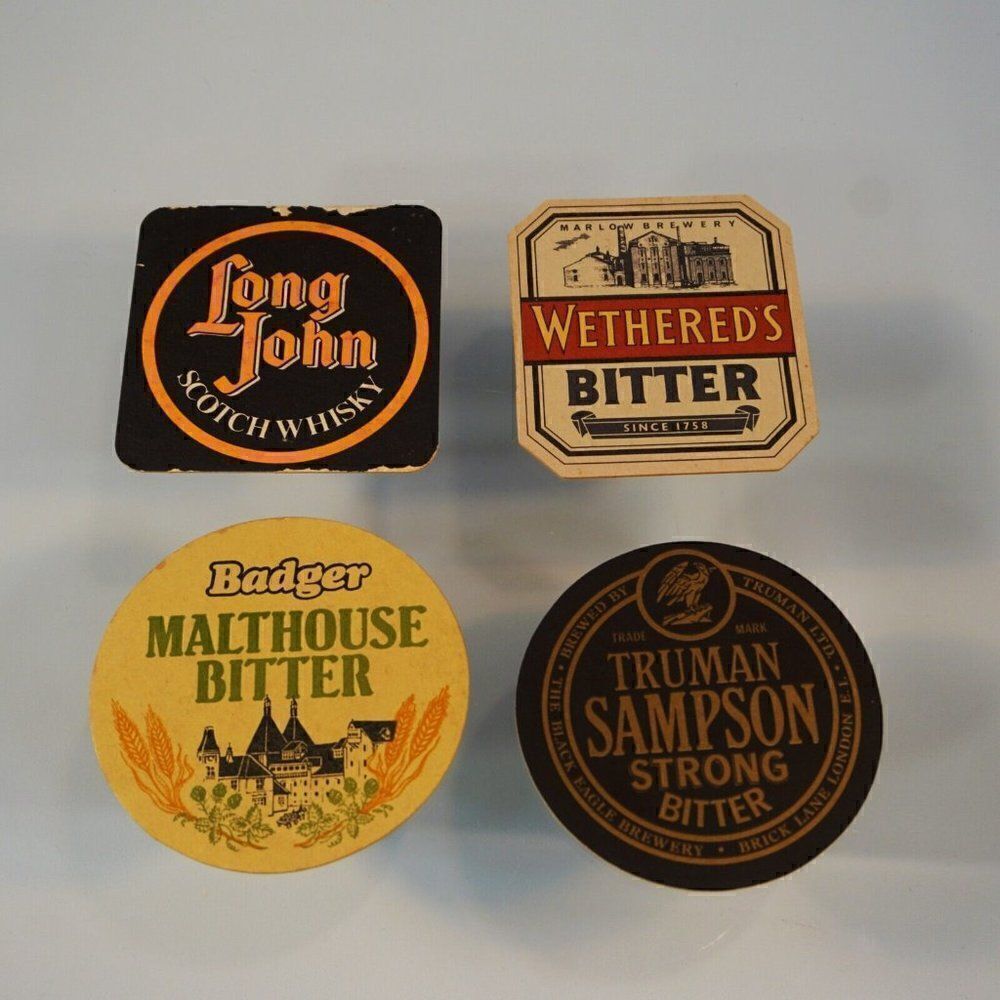 4 Vintage Coasters Wethereds Badger Truman Long John Beer Brewery Distillery